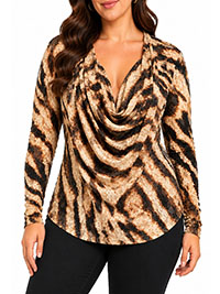 BROWN Animal Print Cowl Neck Lace Top - Size 16 to 30