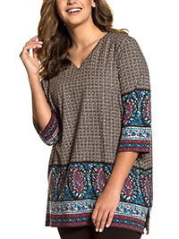 ULLAP MULTI Cotton Knit  Paisley Border V-Neck Tunic - Plus Size 24/26 & 32/34
