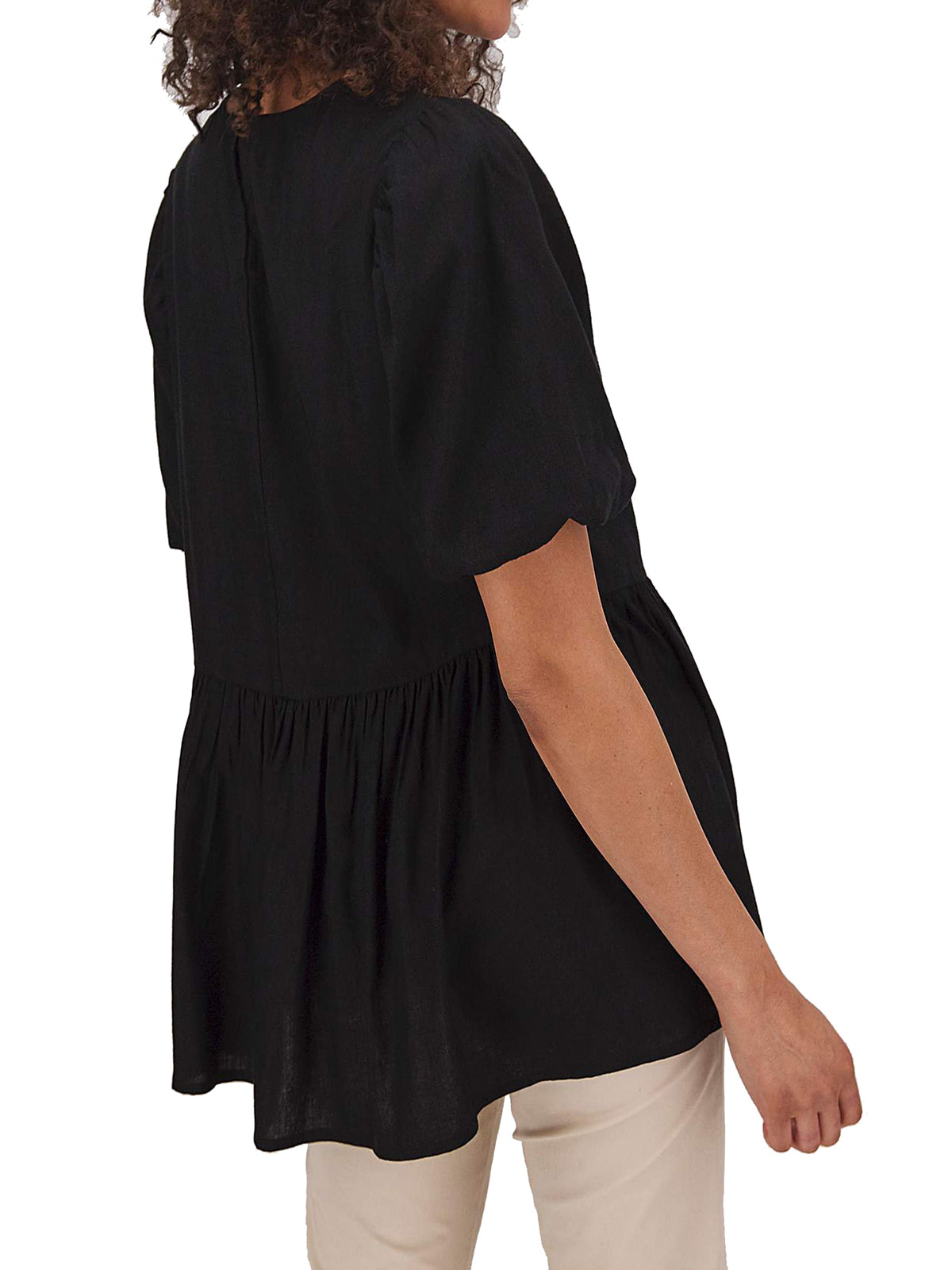 Capsule - - BLACK Linen Blend Puff Sleeve Smock Top - Plus Size 12 to 24