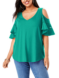 GREEN Ruffle Sleeve Cold Shoulder Top - Plus Size 20/22 to 24/16 (US L to 1X)