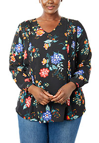 BLACK Floral Pintucked V-Neck Blouse - Plus Size 20/22 to 32/34 (US L to 3X)