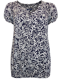NAVY Floral Bouquet Bubble Hem Top w/Black Buttons - Size 14 to 20