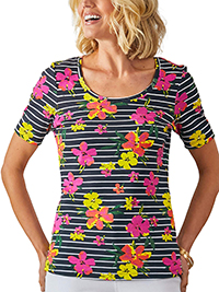 BLACK Floral and Striped Rib T-Shirt Top - Plus Size 16 to 22