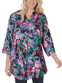 PINK Watercolor Tropicana 3Q Sleeve Tab-Front Tunic - Plus Size 20/22 to 40/42 (US L to 5X)