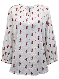 WHITE Pure Cotton Printed Notch Neck Top - Plus Size 16 to 18
