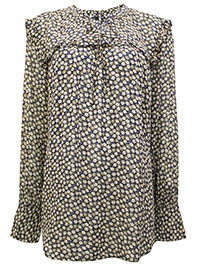 NAVY Floral Print Frill Trim Tie Neck Top - Size 12 to 18