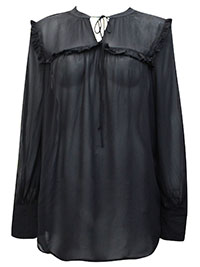 BLACK Frill Trim Tie Neck Top - Size 8 to 18