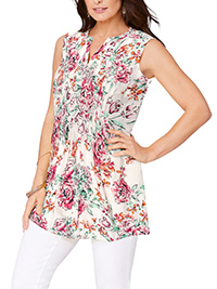 WHITE Sleeveless Floral Print Pintuck Tunic - Plus Size 16 to 34 (US 14W to 32W)