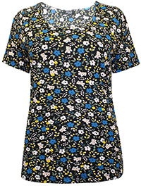 BLACK Pure Cotton Floral Print T-Shirt Top - Plus Size 12 to 26