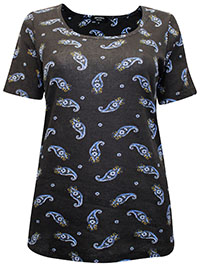 BLACK Paisley Print Short Sleeve T-Shirt Top - Plus Size 12 to 32
