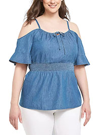 Lane Bryant DENIM Cold Shoulder Smocked Waist Chambray Top - Plus Size 14 to 18