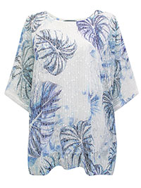 Hepburn BLUE Floral Print Sequin Embellished Open Knit Top - Plus Size 12 to 18 (S to XL)