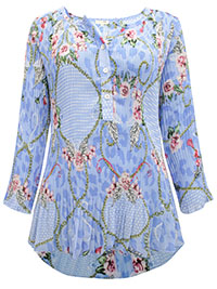Forever One BLUE Rose Print Pleated Chiffon Top - Plus Size 12 to 18 (S to XL)