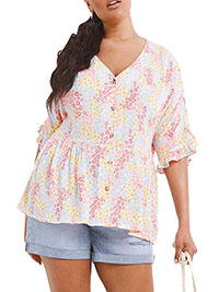 PINK Floral V-Neck Crinkle Button Through Smock Top - Size 10 to 16