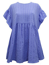 BLUE Textured Short Sleeve Frill Sleeve Smock Top - Plus Size 12 to 28