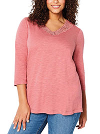 J.Jill ROSE-PINK Pure Cotton Crochet Trim Top - Size 8 to 18 (US XS to XL)
