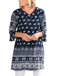 DW Shop BLUE Border Feature Elephant Print 3Q Sleeve Top - Size 10 to 28 (EU 36 to 54)