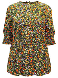 BLACK Floral Print Puff Sleeve Shirred Cuff Top - Plus Size 14 to 32
