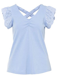 PEARL-BLUE Broderie Trim Tie Back Top - Size 10/12 to 22/24 (S to XL)