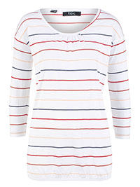 WHITE Pure Cotton Striped Bubble Hem Top - Size 10/12 to 34/36 (S to 4XL)
