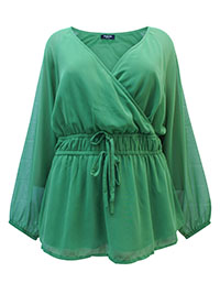 GREEN Shirred Waist Detail Long Sleeve V-Neck Blouse - Plus Size 18 to 32