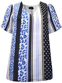 BLUE Mixed Print Chiffon Overlay Top - Size 8 to 16