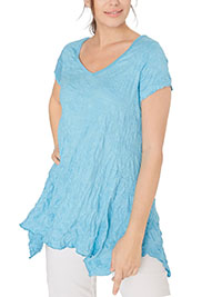 SKY-BLUE Cotton Blend Hanky Hem Crinkle Top - Size 10/12 to 30/32 (S to 3XL)