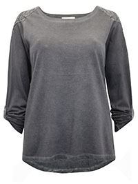 CHARCOAL Pure Cotton Lace Shoulder Roll Sleeve Top - Size 8/10 to 24/26 (S to XXL)