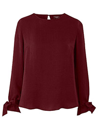 CLARET Distressed Satin Tie Cuff Blouse - Plus Size 26 to 32