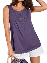 DEEP-PURPLE Pure Cotton Sleeveless Broderie Yoke Button Front Top - Size 6/8 to 24 (EU 34/36 to 52)