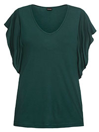 GREEN V-Neck Flutter Sleeve Top - Size 10/12 to 22/24 (S to XL)