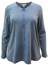 BLUE Pure Cotton Acid Wash Embroidered Trim Top - Size 10 to 14 (S to L)