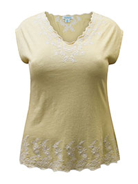 ALMOND Pure Cotton Embroidered Trim Top - Size 6 to 18 (XS to XL)