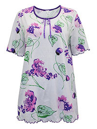 WHITE Pure Cotton Floral Print Lettuce Trim Top - Plus Size 18/20 to 26/28