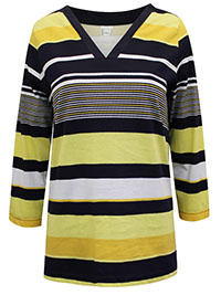 YELLOW Pure Cotton Striped 3/4 Sleeve Top - Plus Size 12 to 30