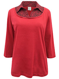 RED Pure Cotton Zebra Collar 2-in-1 Top - Plus Size 14 to 22