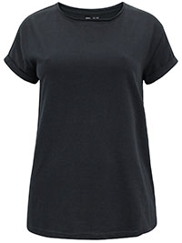 BLACK Scoop Neck Roll Sleeve T-Shirt - Size 10/12 to 18/20 (S to L)