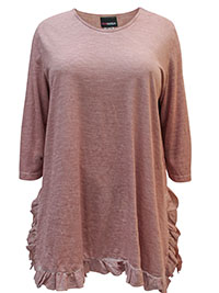 IRREGULAR - DUSTY-PINK Pure Cotton 3/4 Sleeve Frill Hem Top - Plus Size 22 to 28