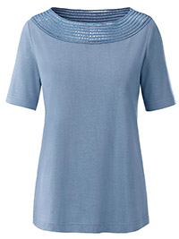 BLUE Modal Blend Crochet Detail Short Sleeve Top - Size 10 to 28