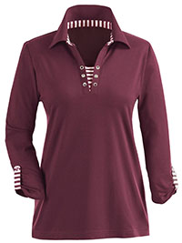 WINE Pure Cotton Eyelet Detail 3Q Sleeve Top - Plus Size 20 to 28