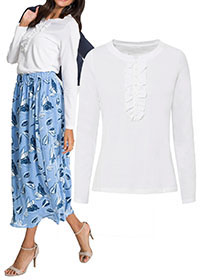 WHITE Pure Cotton Ruffle Detail Button Front Long Sleeve Top - Size 10 to 28
