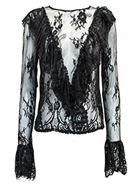 BLACK All Over Lace Bell Sleeve Top - Size 8 to 18