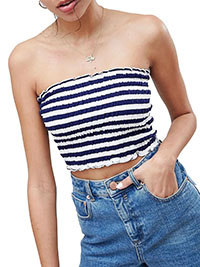 NAVY Pure Cotton Stripe Print Shirred Bandeau Top - Size 2 to 16