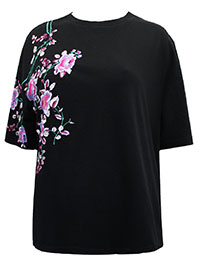 BLACK Pure Cotton Short Sleeve Floral Embroidered T-Shirt - Size 6 to 16