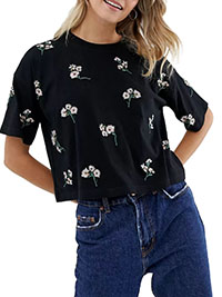 BLACK Pure Cotton Floral Embroidered Boxy Crop Top - Size 2 to 16