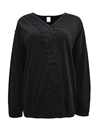 BLACK Pure Cotton Crochet Detail Bubble Hem Top - Plus Size 14 to 30