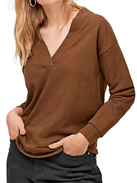 BROWN Estella Cotton-Blend V-Neck Sweatshirt - Size 8/10 to 20/22 (EU 34/36 to 46/48)