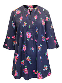 NAVY Rose Print Pintuck 3Q Sleeve Top - Plus Size 16/18 to 36/38 (US M to 4X)