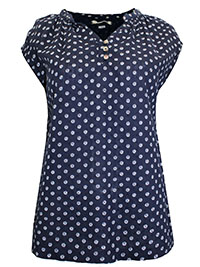 IRREGULAR - WS NAVY Pure Cotton Daisy Print Notch Neck Top - Size 10 to 18