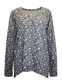 GREY Cotton Blend Star Print Hanky Hem Crinkle Tunic - Size 10/12 to 30/32 (S to 3XL)